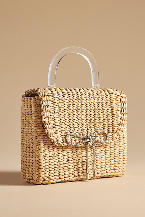 Poolside Embellished Bow Woven Top Handle Box Bag In Natural
