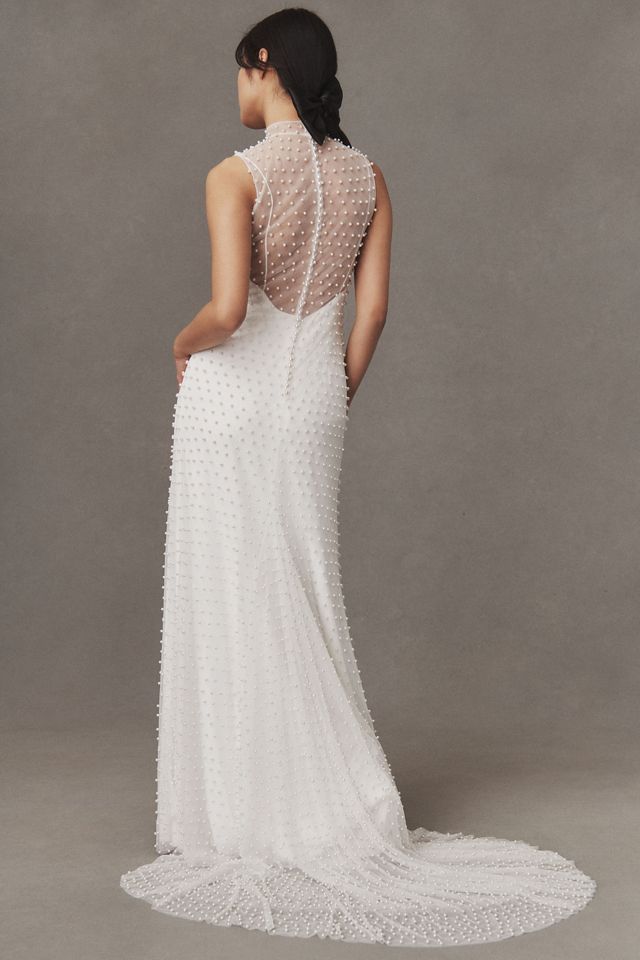 Watters Sloane Mock-Neck Pearl-Embellished Sheer Wedding Gown #2