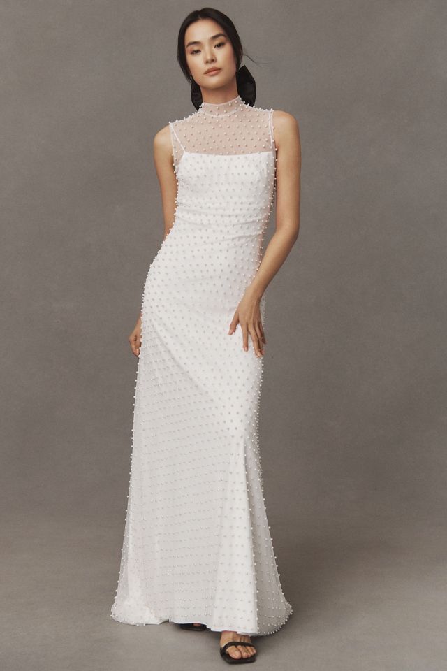 Watters Sloane Mock-Neck Pearl-Embellished Sheer Wedding Gown #3