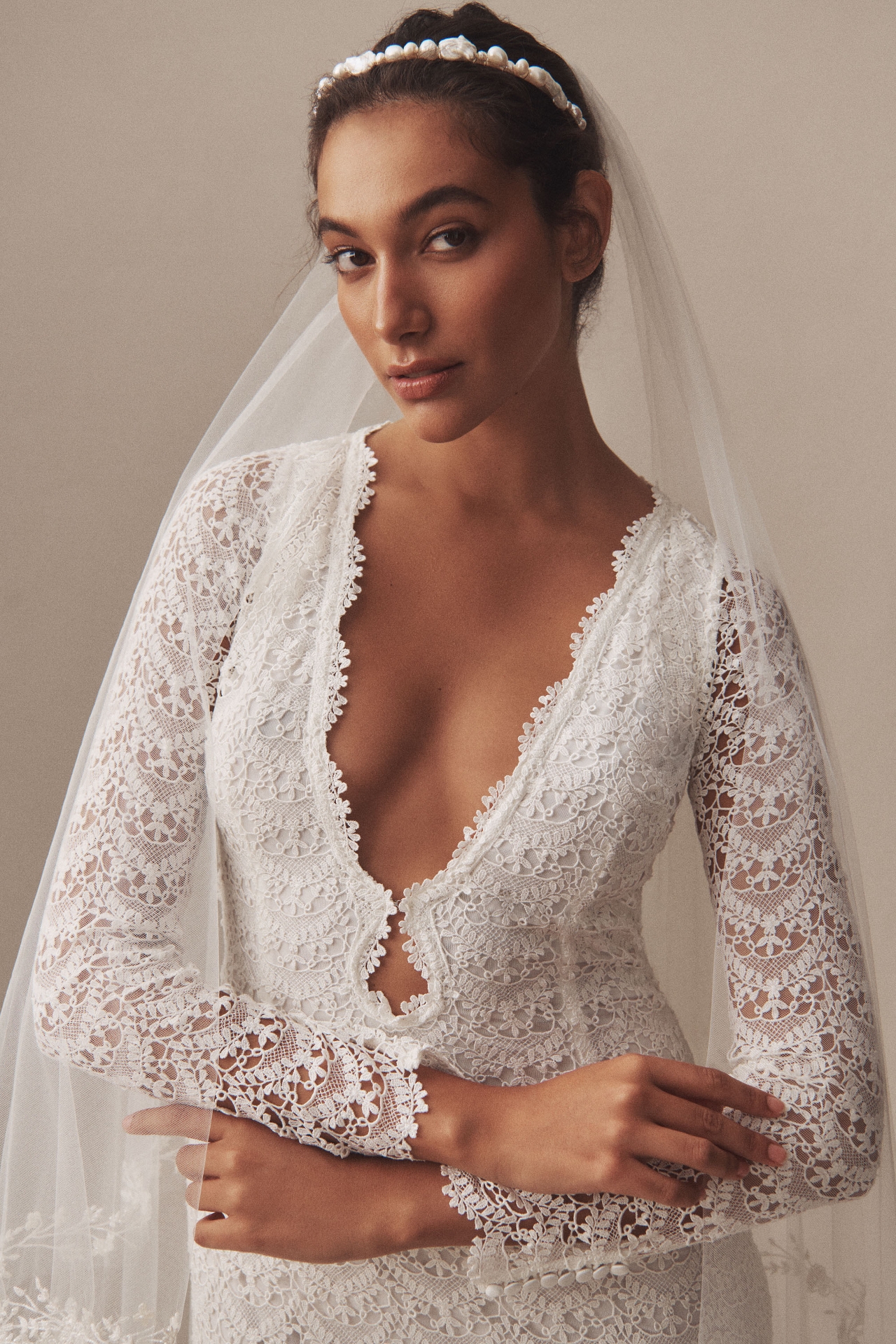 Daughters of Simone Recy Long-Sleeve Plunging Open-Back Lace Wedding Gown