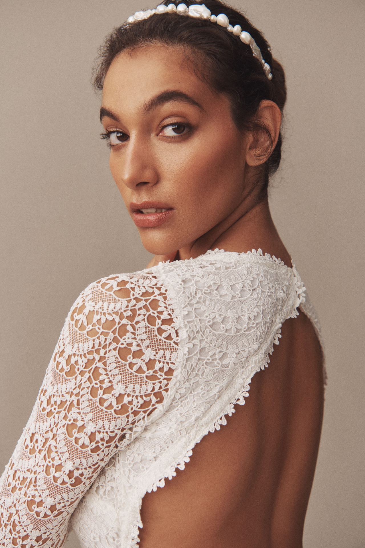 Daughters of Simone Recy Long-Sleeve Plunging Open-Back Lace Wedding Gown