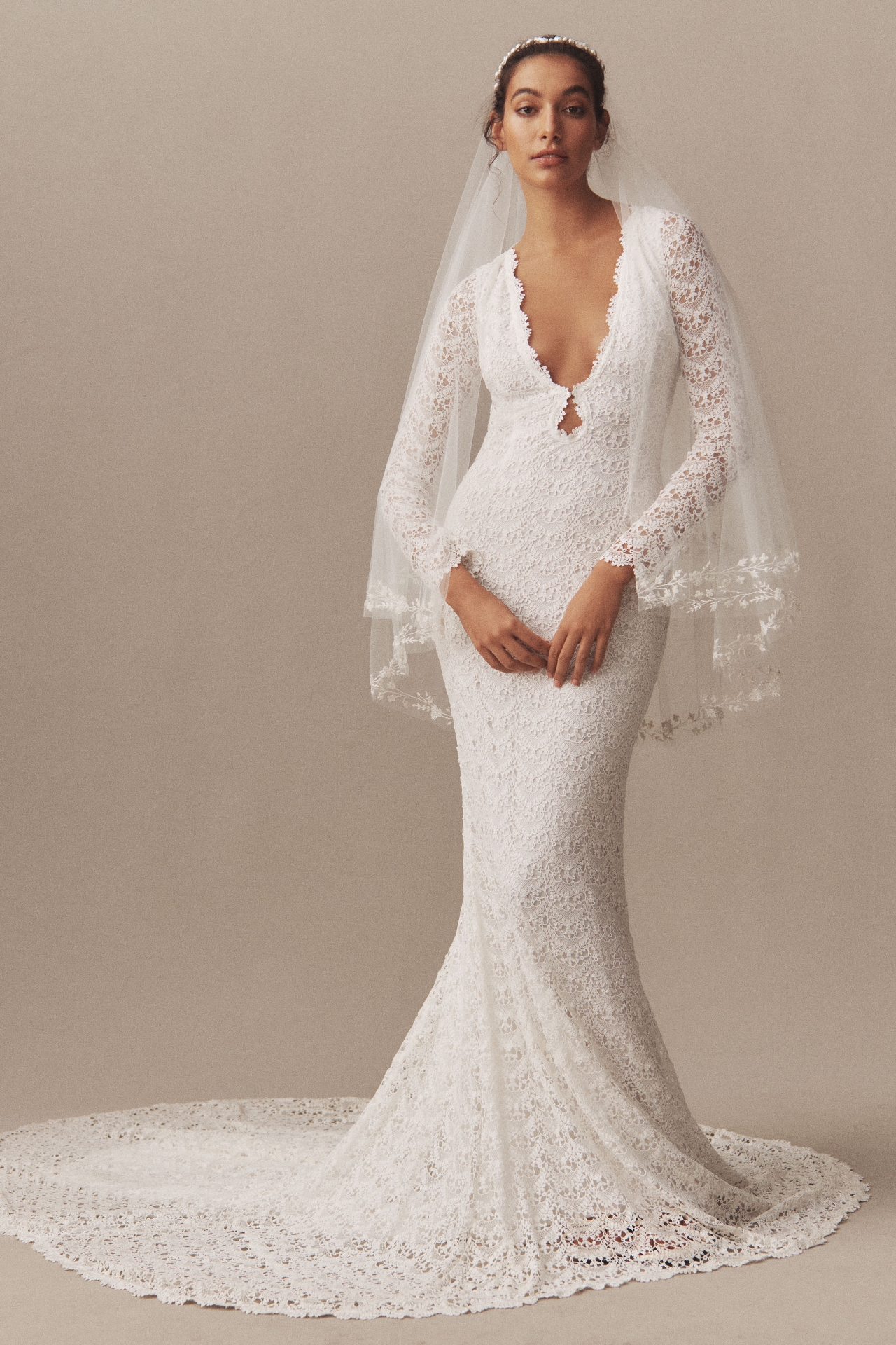 Daughters of Simone Recy Long-Sleeve Plunging Open-Back Lace Wedding Gown