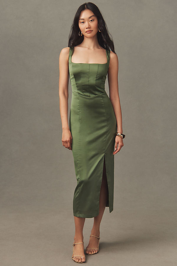 Shop Bhldn Elliana Sleeveless Corset Satin Midi Dress In Green