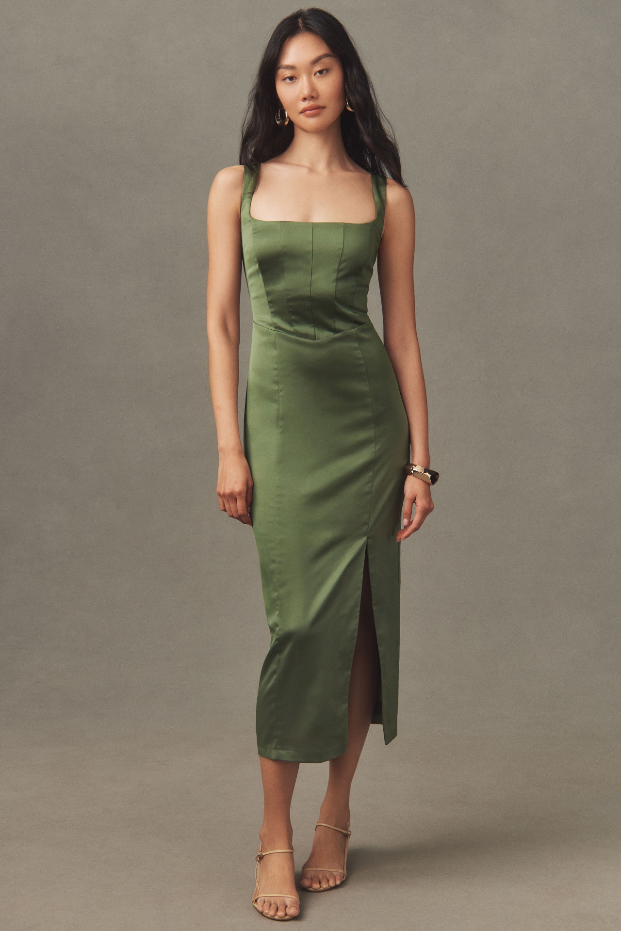 BHLDN Elliana Sleeveless Corset Satin Midi Dress