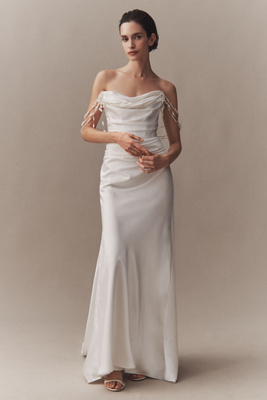 WATTERS RAINE STRAPLESS PEARL-CHAIN WEDDING GOWN 