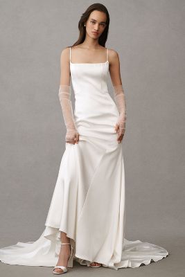 Jenny By Jenny Yoo Ronnie Fit & Flare Stretch Satin Wedding Gown In White