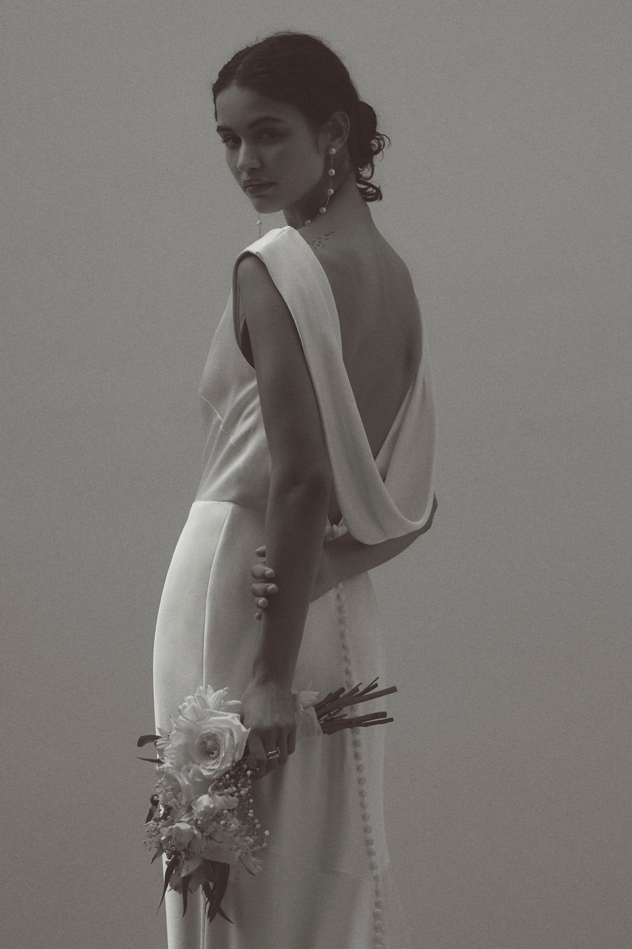 Jenny by Yoo Nessa High-Neck Draped Open-Back Satin Wedding Gown