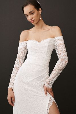 Shop Jenny By Jenny Yoo Dove Long-sleeve Off-the-shoulder Lace Wedding Gown In White
