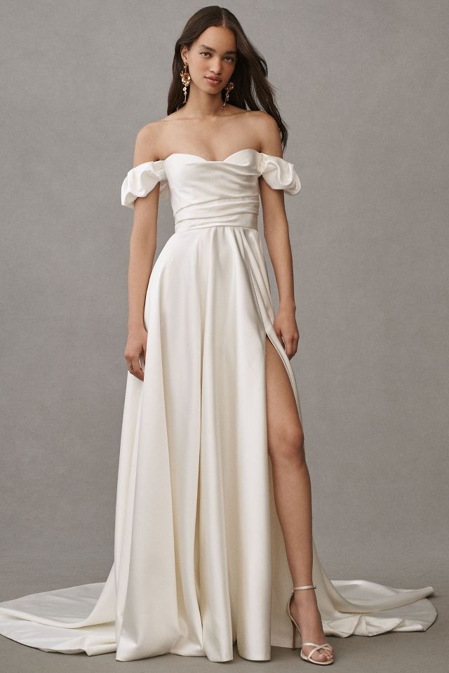 Jenny Yoo Kennedy Off The Shoulder A Line Satin Wedding Gown