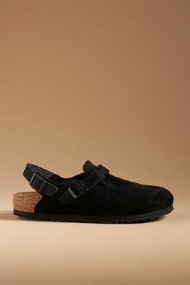 Birkenstock Buckle Cork Open Suede Mules In Black