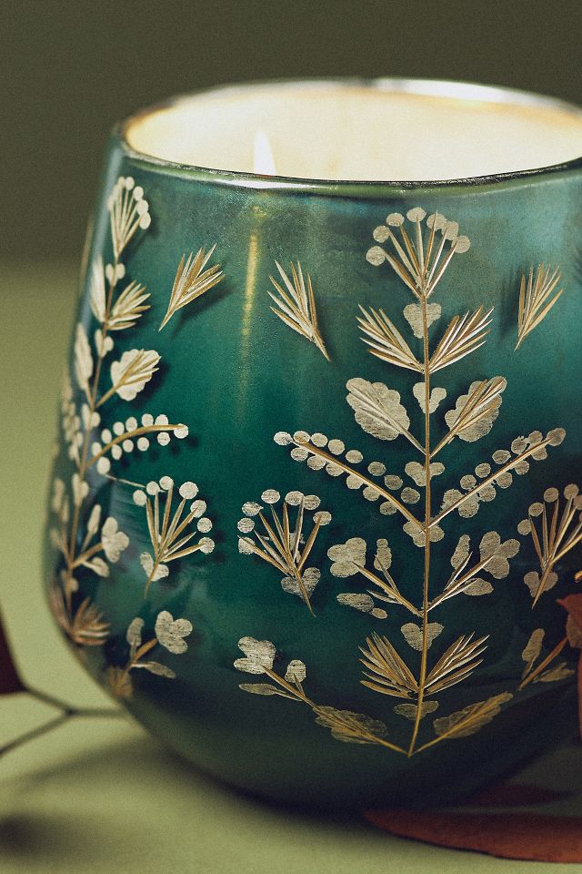 Stella Etched Woody Leather & Leaves Glass Candle | AnthroLiving