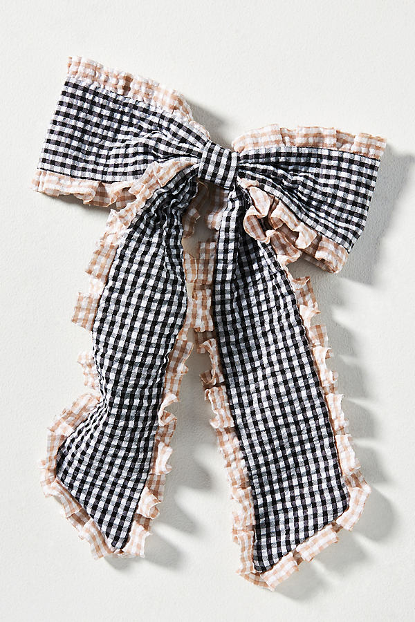 Shop By Anthropologie Gingham Ruffle Hair Bow Clip In Beige