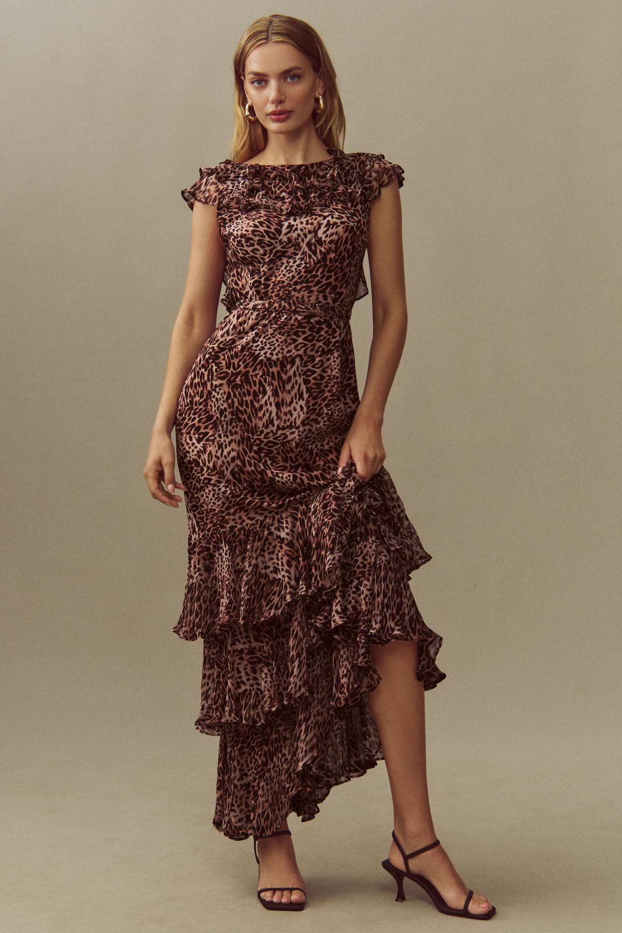 RIXO Rio Animal-Printed High-Neck Tiered Maxi Dress