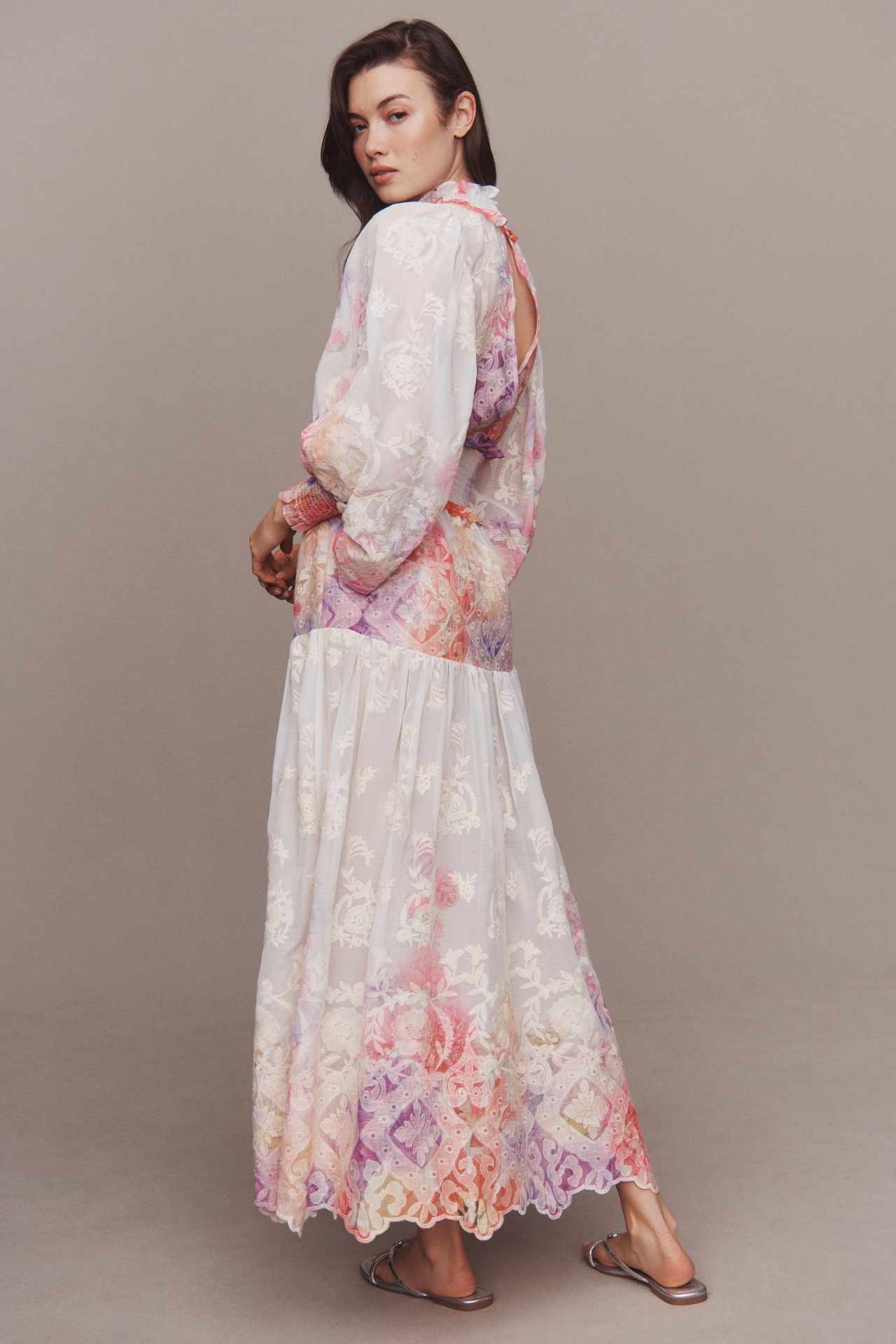 Elliatt Grandeur Long-Sleeve Floral Organza A-Line Midi Dress