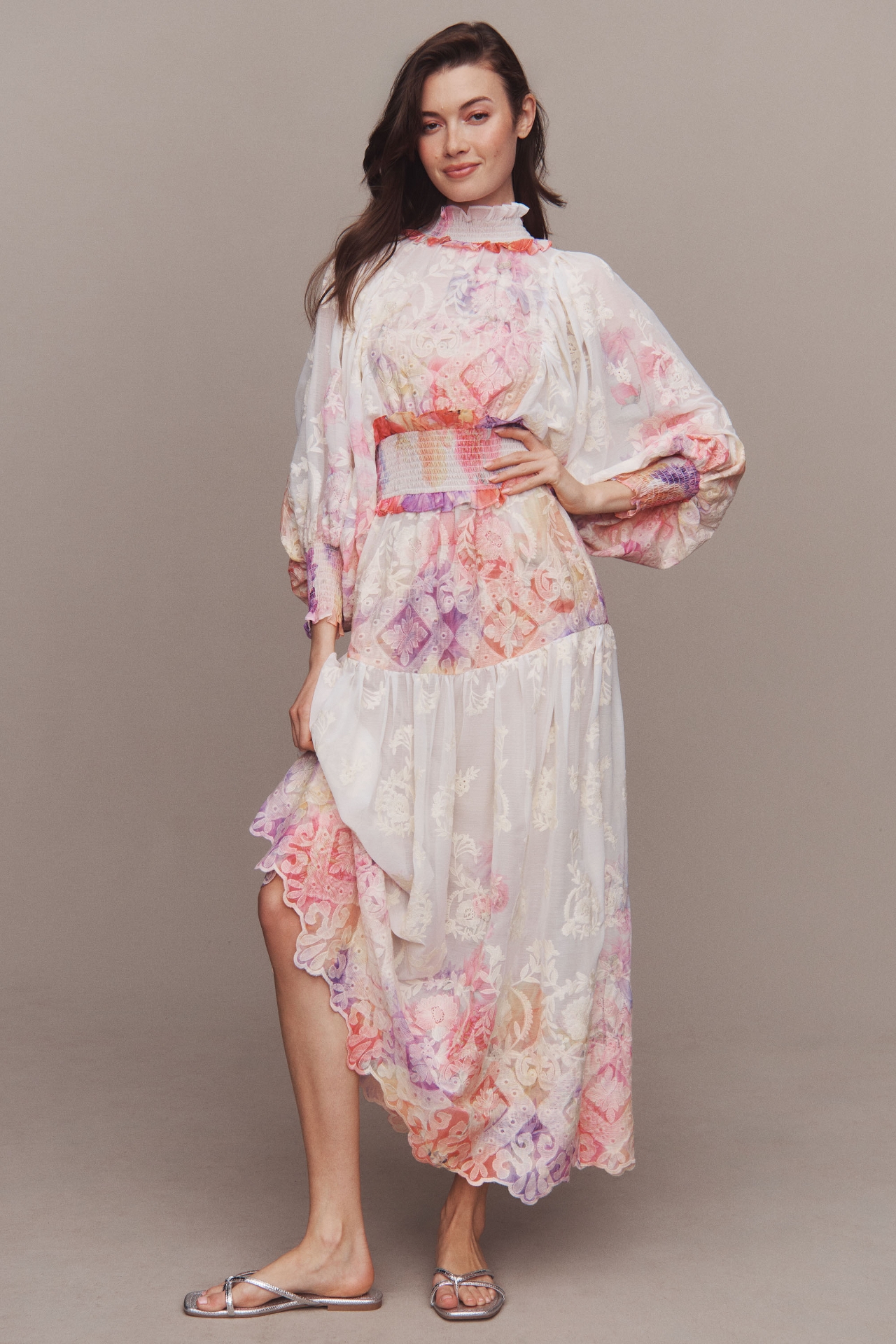 Elliatt Grandeur Long-Sleeve Floral Organza A-Line Midi Dress