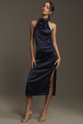 Bhldn Holly Halter Stretch Satin Midi Dress In Blue