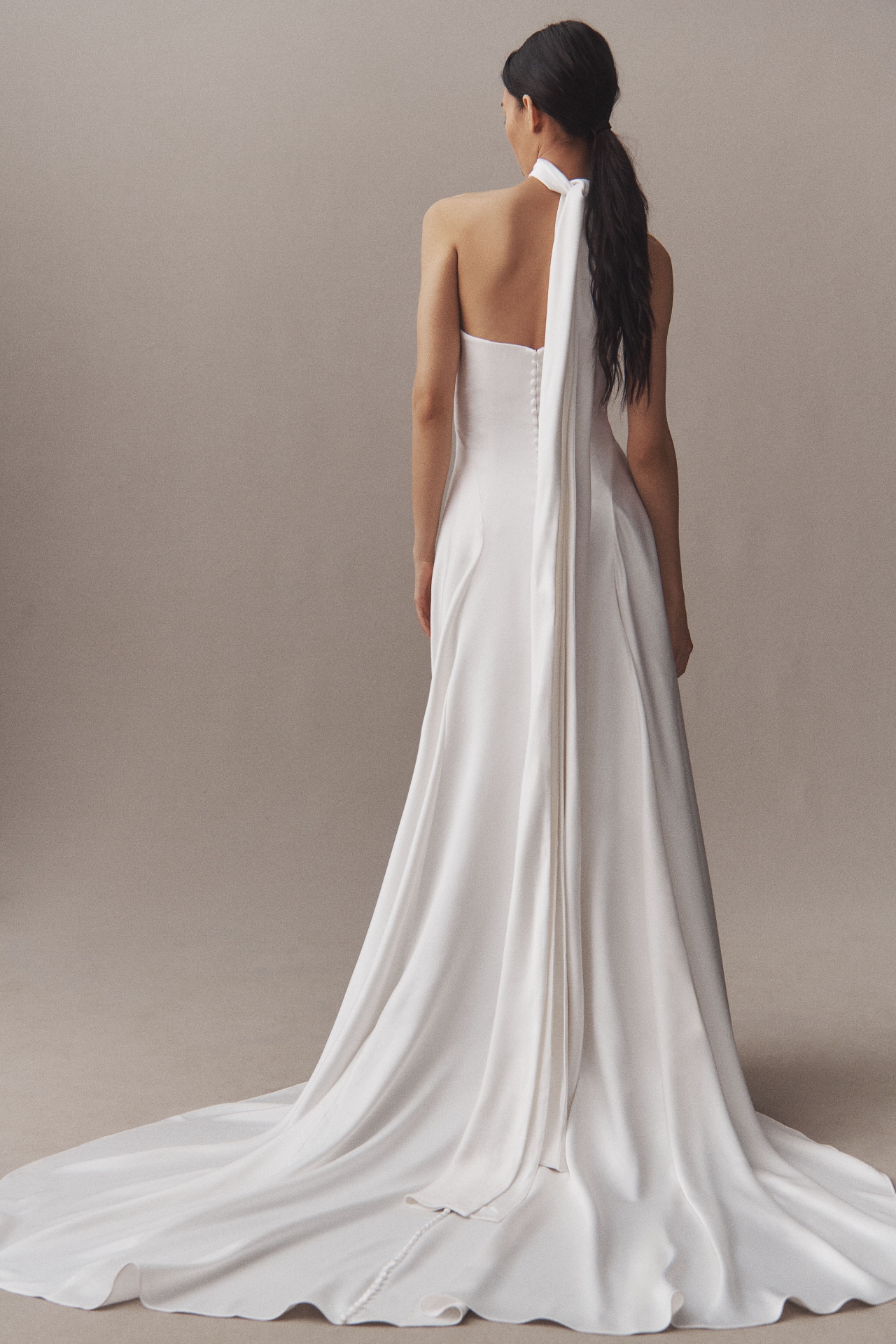 Jenny by Yoo Addilyn Strapless Neck-Scarf Drop-Waist Satin Wedding Gown