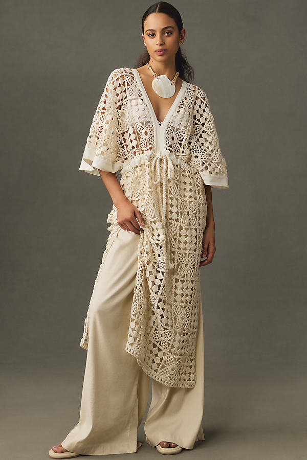 By Anthropologie Crochet Tie-waist Kaftan In White
