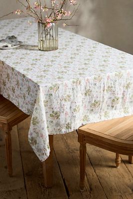 Botanical White Linen Tablecloth
