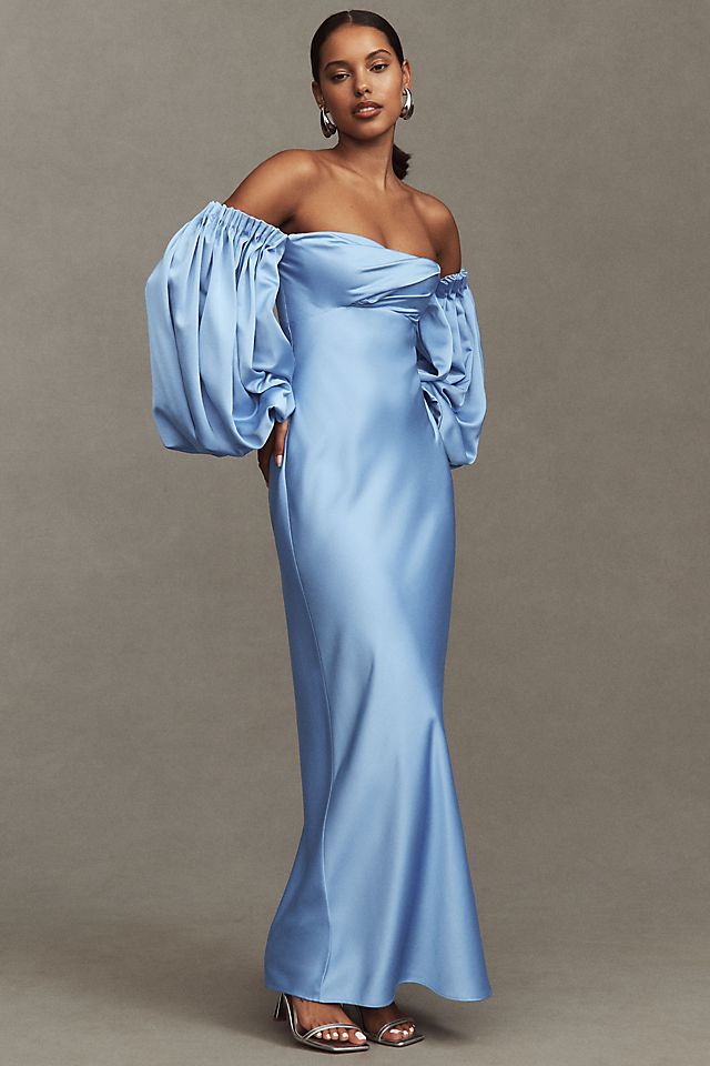 off shoulder satin dress Stretch With Bow Elevate your bridal party with this off Significant Other Danika Long-Sleeve Off-The-Shoulder
