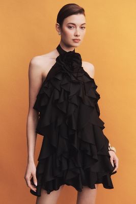Shop Bhldn Maria Rosette Ruffle Mini Dress In Black