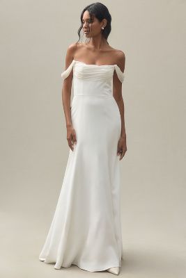 Shop Jenny Yoo Francesca Off-the-shoulder Fit & Flare Crepe Wedding Gown In White