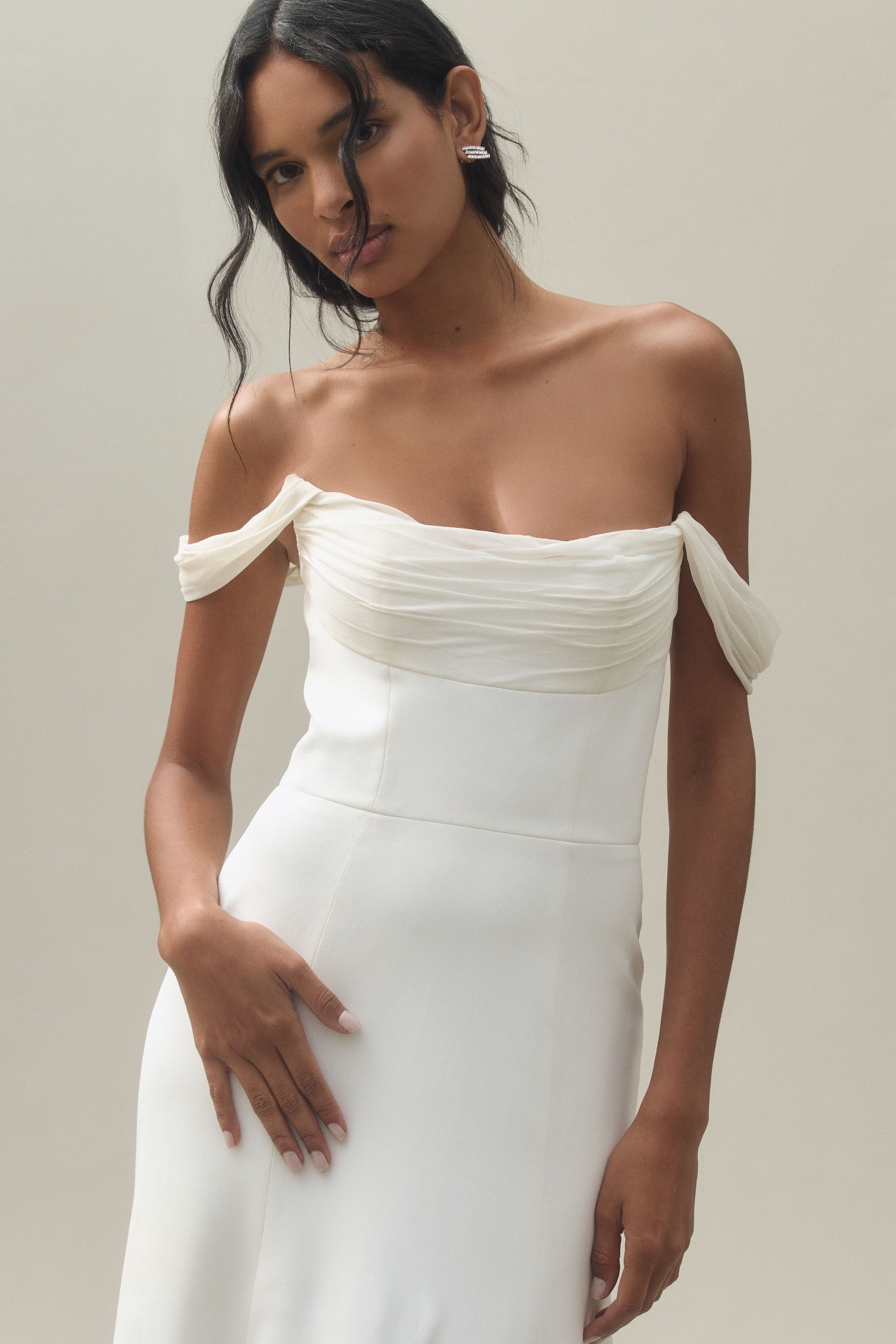 Jenny Yoo Francesca Off-The-Shoulder Fit & Flare Crepe Wedding Gown