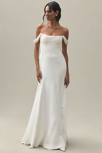 Jenny Yoo Francesca Off-The-Shoulder Fit & Flare Crepe Wedding Gown