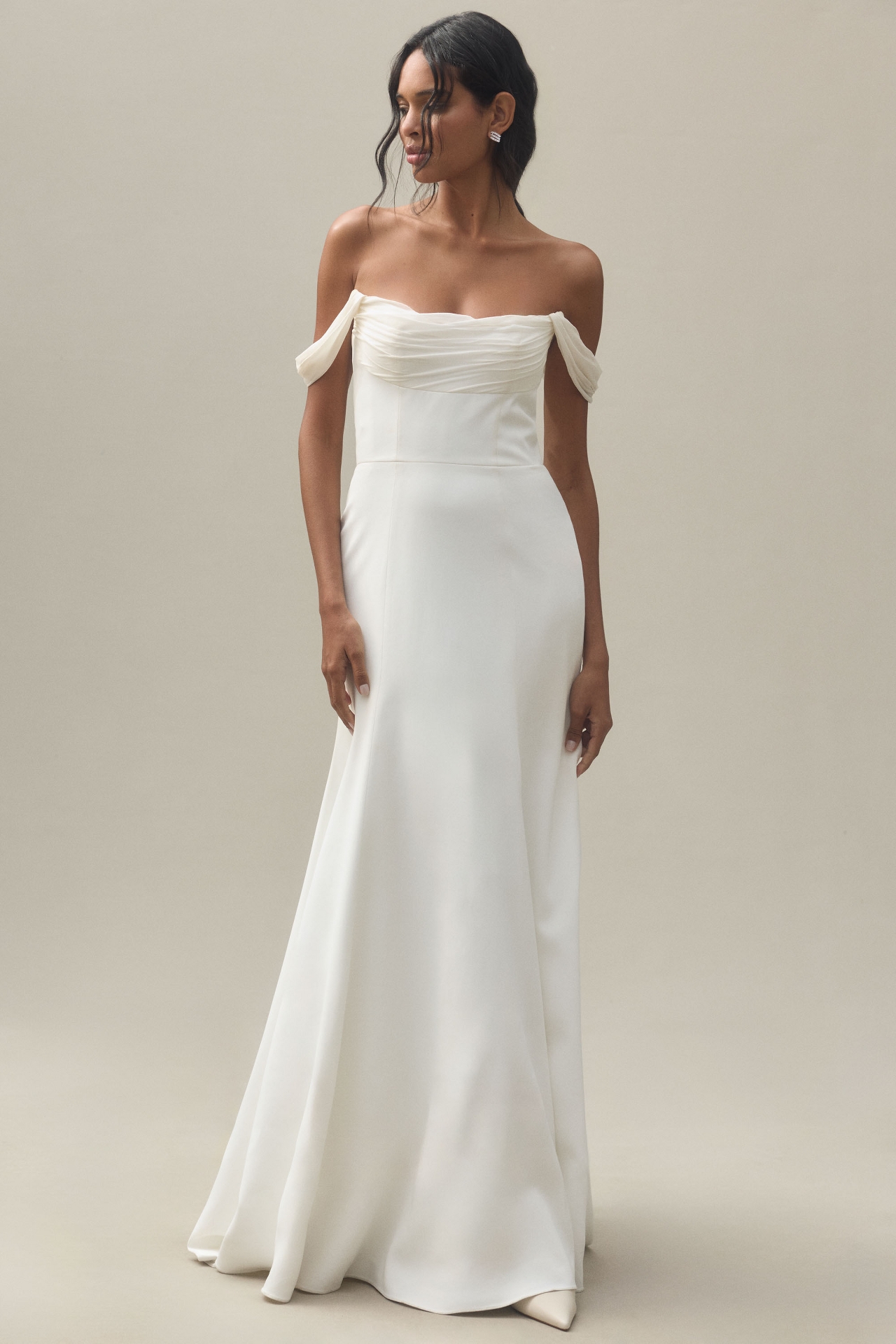 Jenny Yoo Francesca Off-The-Shoulder Fit & Flare Crepe Wedding Gown