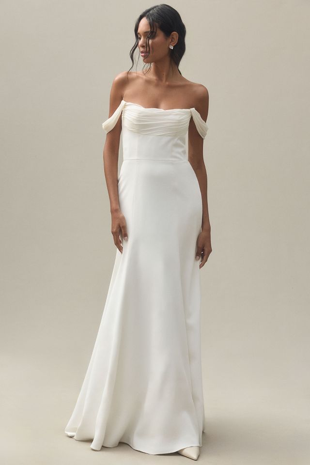 Jenny Yoo Francesca Off The Shoulder Fit Flare Crepe Wedding Gown