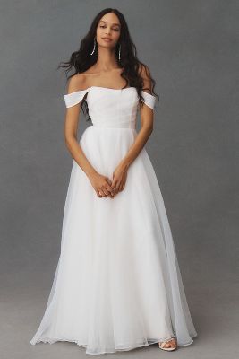 Shop Jenny Yoo Bronte Off-the-shoulder Organza A-line Wedding Gown In White