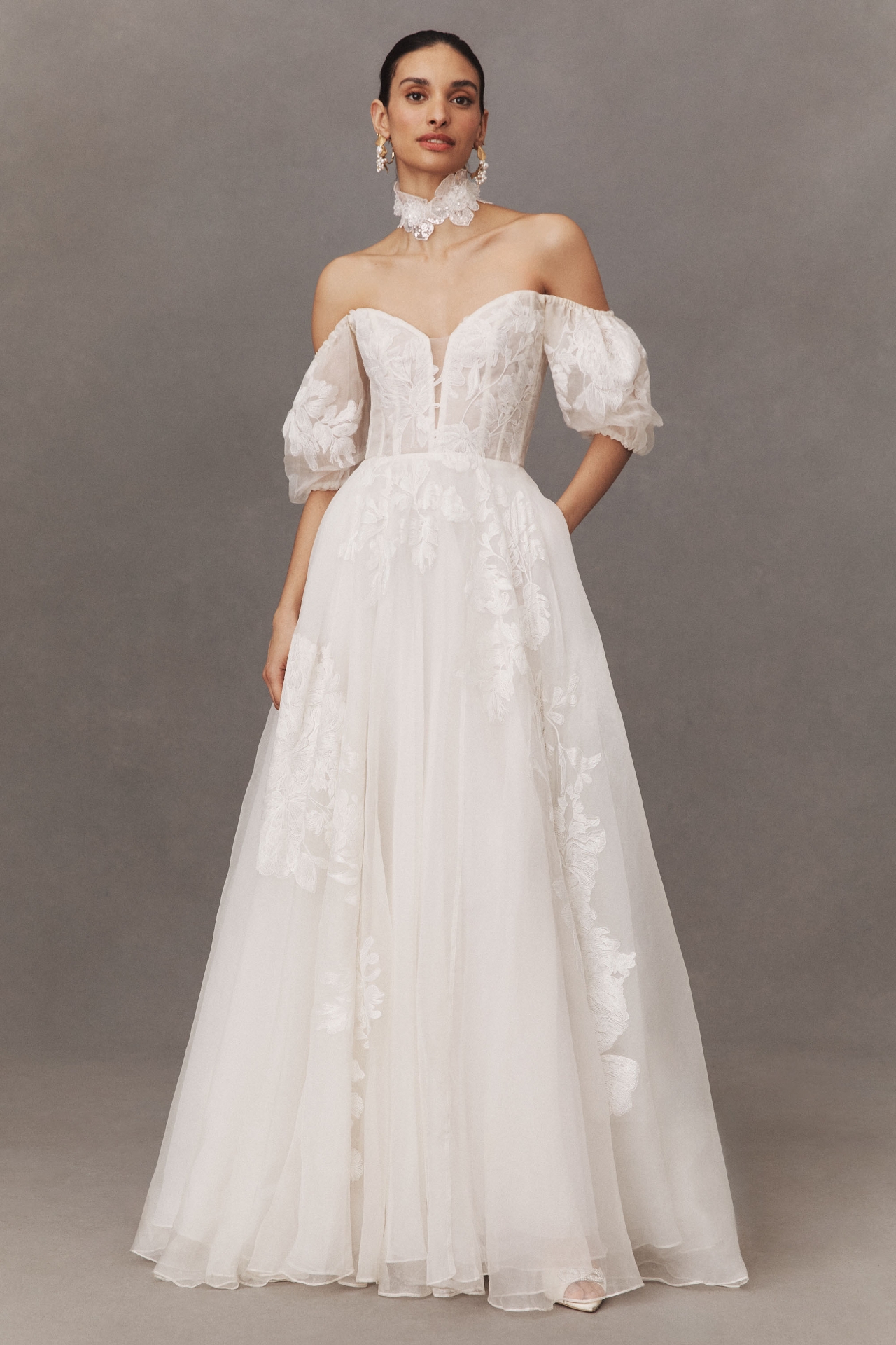 Jenny Yoo Genevieve Off-The-Shoulder A-Line Appliqué Wedding Gown