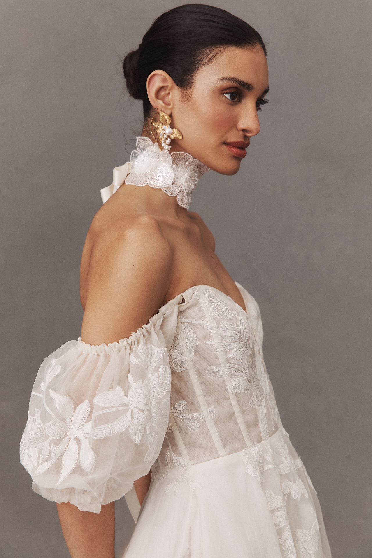 Jenny Yoo Genevieve Off-The-Shoulder A-Line Appliqué Wedding Gown