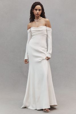 Shop Jenny Yoo Briar Long-sleeve Off-the-shoulder Fit & Flare Crepe Wedding Gown In White