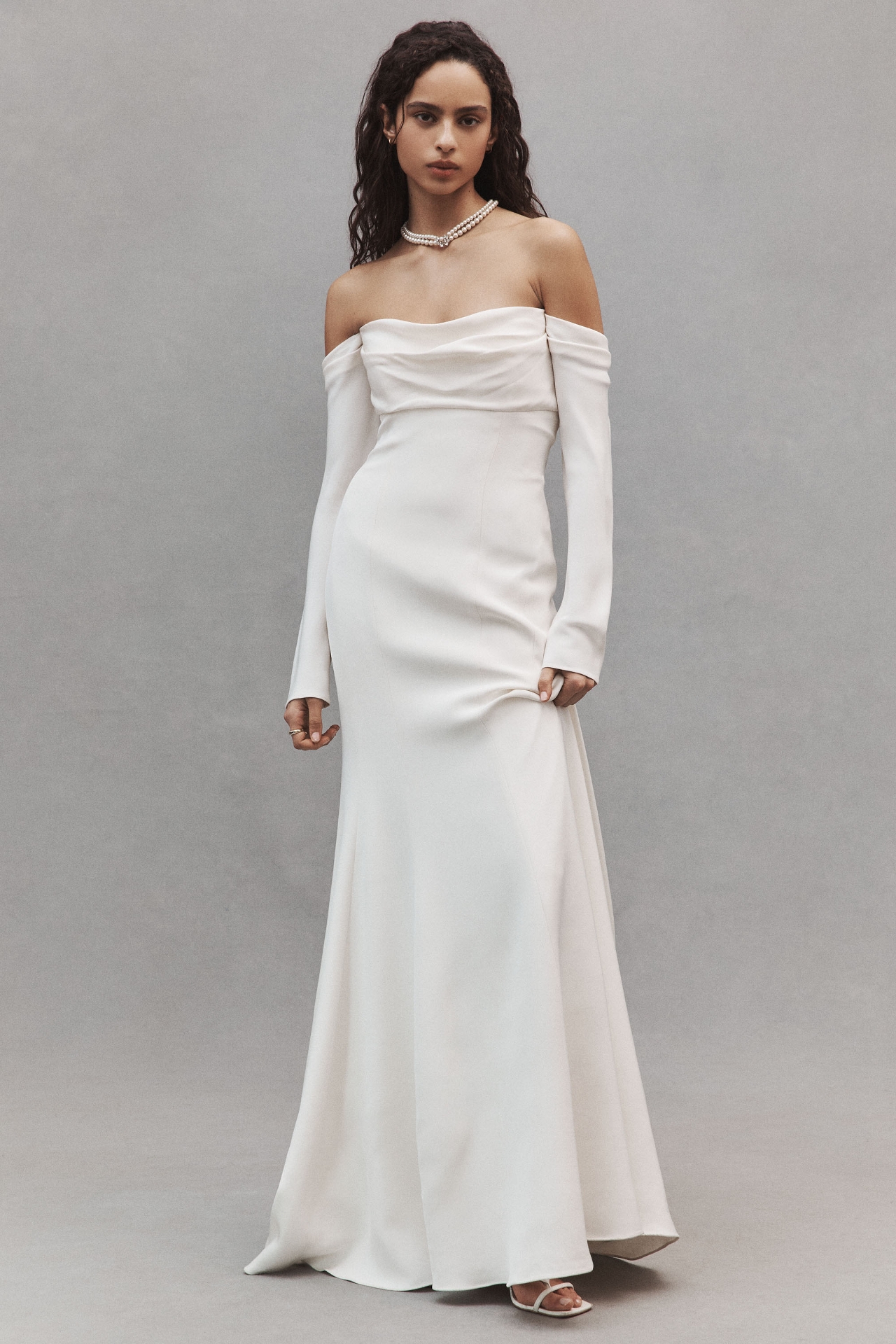 Jenny Yoo Briar Long-Sleeve Off-The-Shoulder Fit & Flare Crepe Wedding Gown