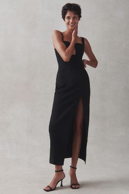 Shop Misha Franka Sleeveless Side-slit Bonded Crepe Maxi Dress In Black