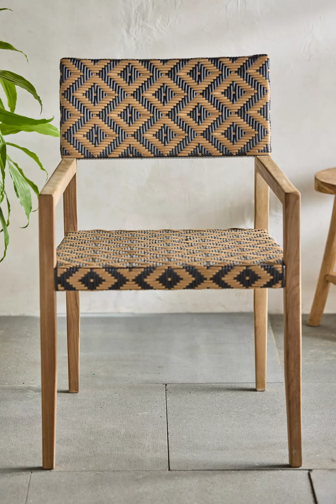 Chair with geometric woven backrest and seat, front view