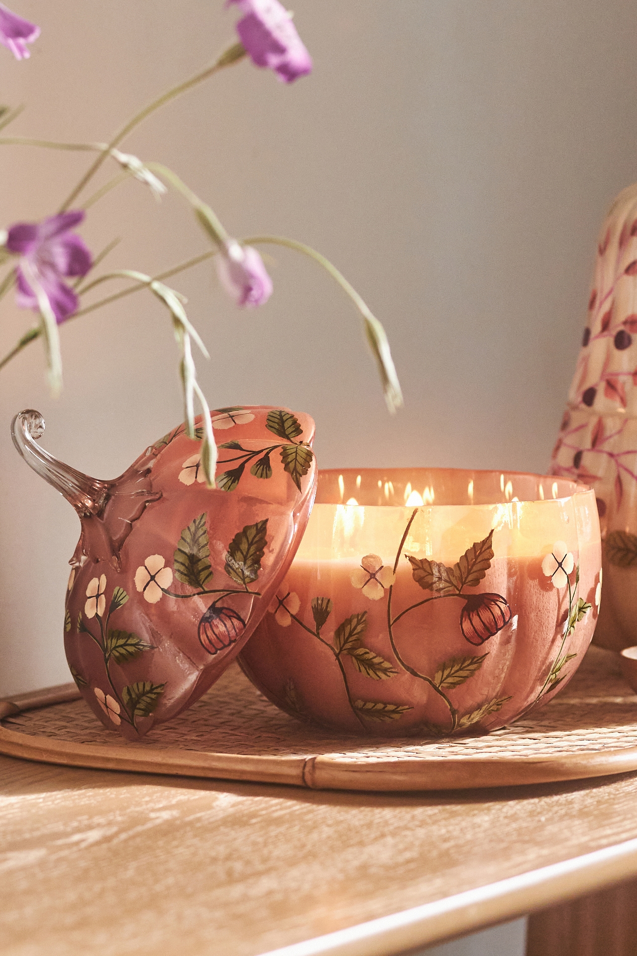 Handpainted White Birch & Pumpkin Glass Pumpkin Candle