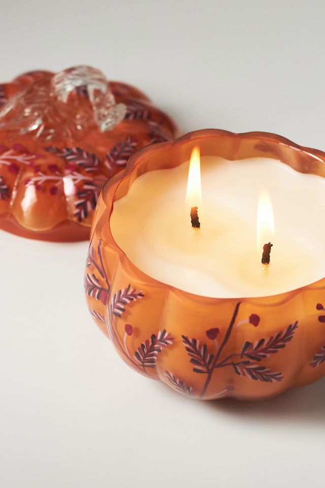 Handpainted Pumpkin & Sweet Vanilla Glass Pumpkin Candle | AnthroLiving