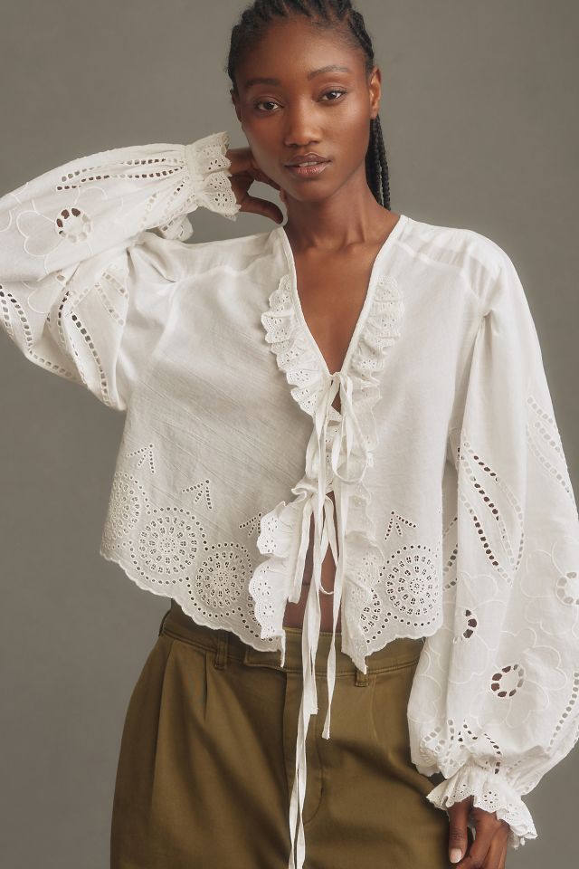 By Anthropologie Long-Sleeve Eyelet Poplin Tie-Front Top | Anthropologie