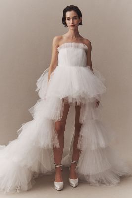 Morphine Fashion Lola Strapless Tulle Tiered Front-slit Maxi Dress In White