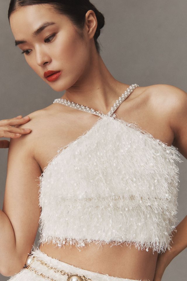 Tadashi Shoji Halter Pearl Beaded Shag Mini Skirt Set #2