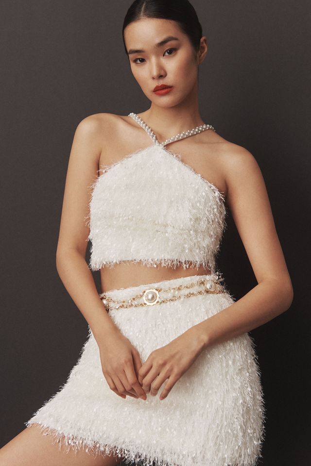 Tadashi Shoji Halter Pearl Beaded Shag Mini Skirt Set #3