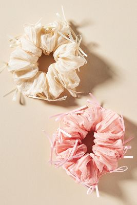 By Anthropologie Bow-trimmed Hair Scrunchies, Set Of 2 In Pink