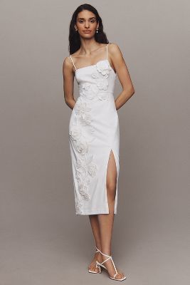 Shop Bhldn Sleeveless Straight-neck Cascading Floral Satin Slim Side-slit Midi Dress In White