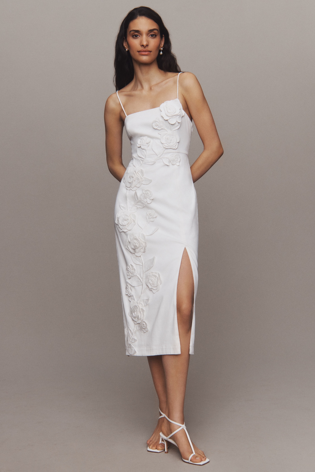 BHLDN Sleeveless Straight-Neck Cascading Floral Satin Slim Side-Slit Midi Dress