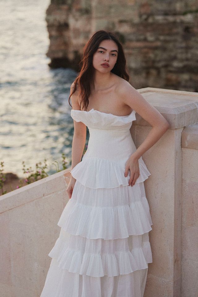 dropped waist wedding dress with ruffles Miss Circle Women Naila Lace Trim Strapless Drop Waist Wedding Gown