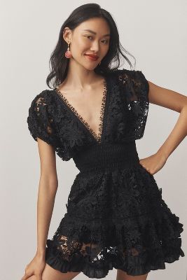 Shop Waimari Morana Short-sleeve Lace V-neck Mini Dress In Black