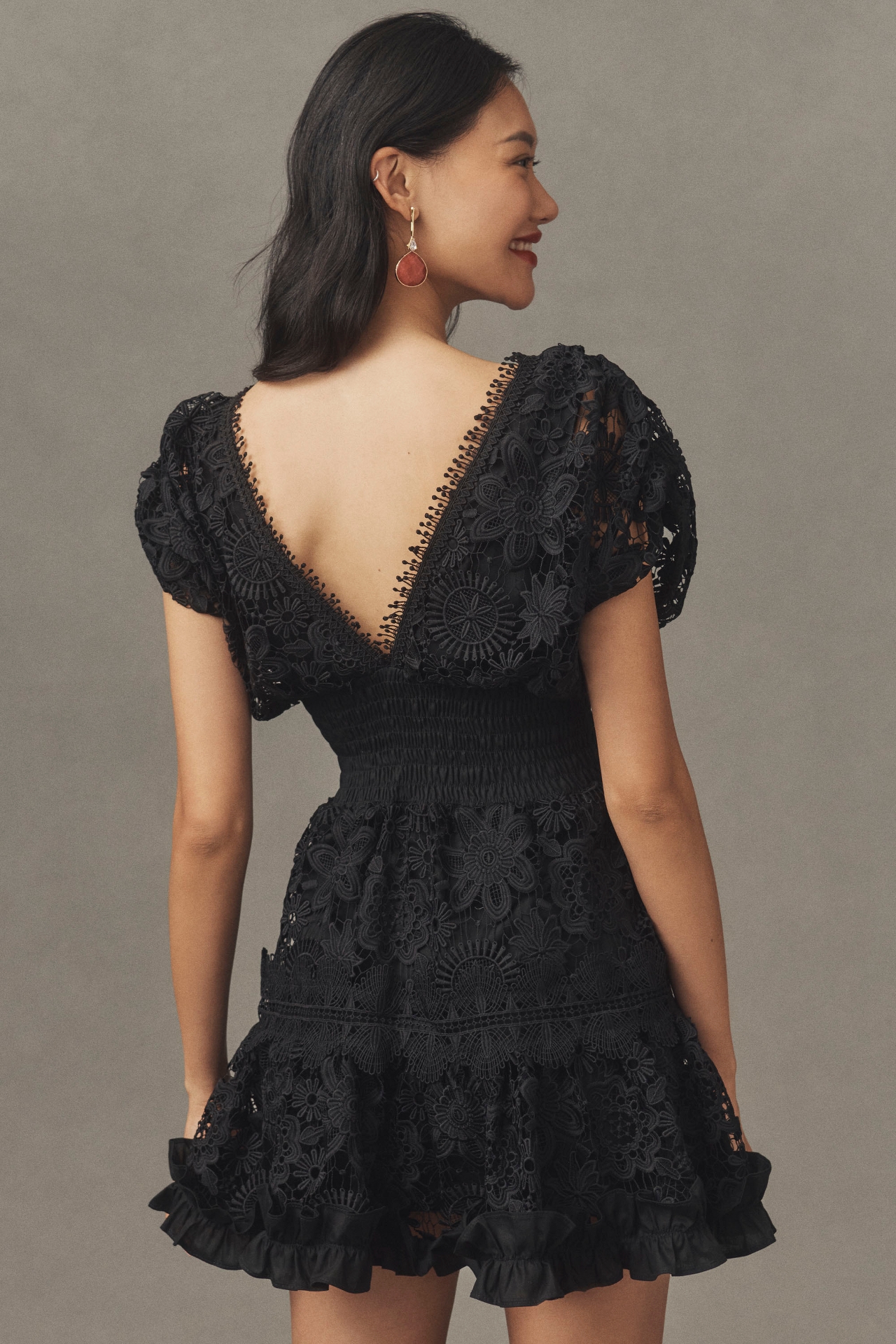 Waimari Morana Short-Sleeve Lace V-Neck Mini Dress