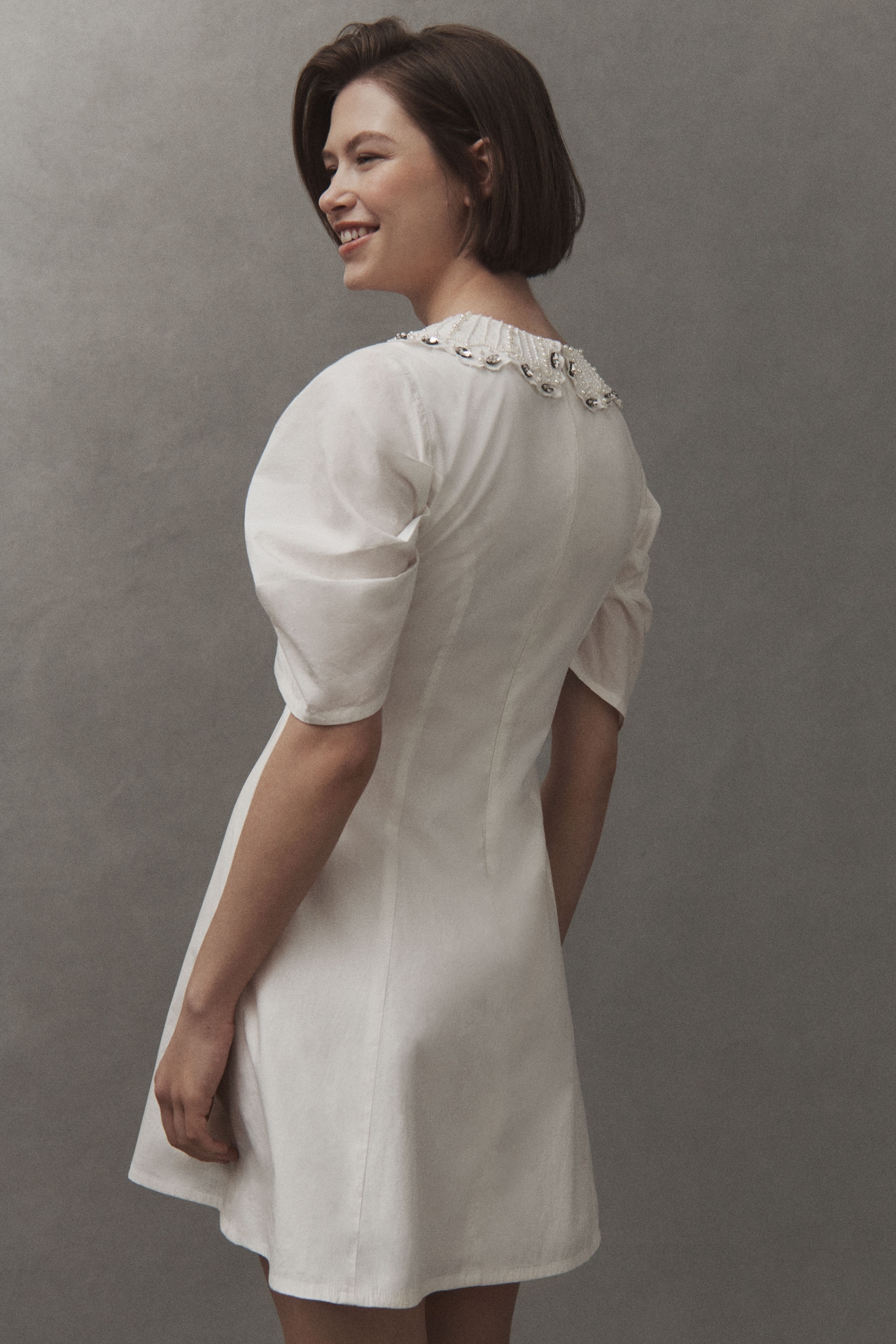 BHLDN Puff-Sleeve Embellished Collared Mini Dress